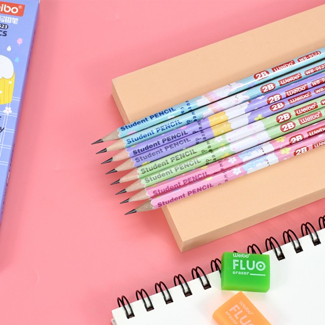 WEIBO High Quality Cartoon Pencil 2B Wooden 12pcs Set With Eraser clear writing Smooth For Exam Soft Writing For School Students