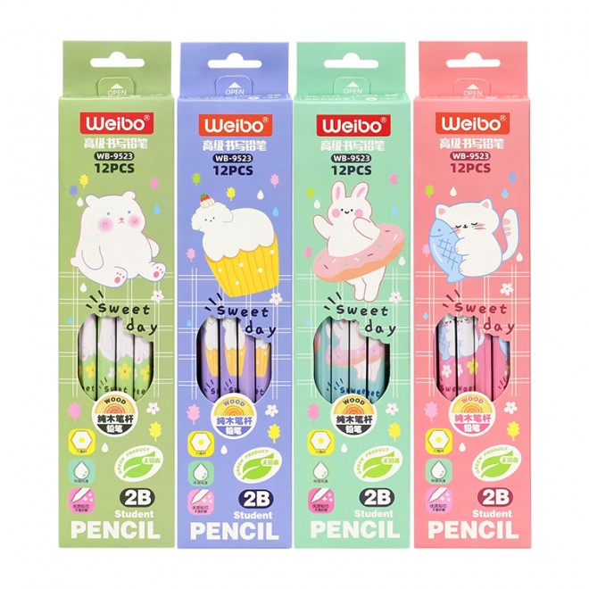 WEIBO High Quality Cartoon Pencil 2B Wooden 12pcs Set With Eraser clear writing Smooth For Exam Soft Writing For School Students
