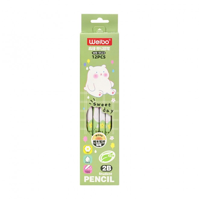 WEIBO High Quality Cartoon Pencil 2B Wooden 12pcs Set With Eraser clear writing Smooth For Exam Soft Writing For School Students