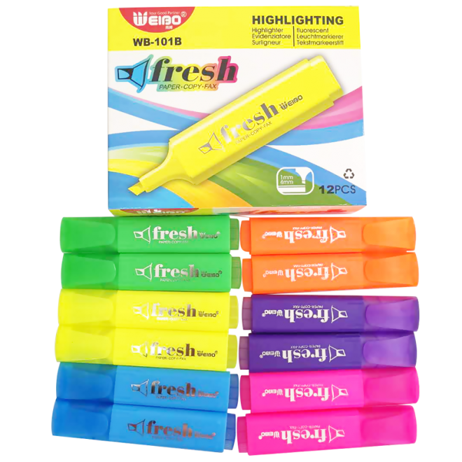 12pcs/set highlighter single tip 6 Color Marker fluorscent Pen Resaltador marcador note Pen Stationery Office school WB-101-B12