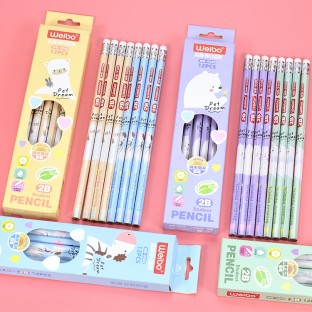 WEIBO High Quality Cartoon Pencil 2B Wooden 12pcs Set With Eraser clear writing Smooth For Exam Soft Writing For School Students