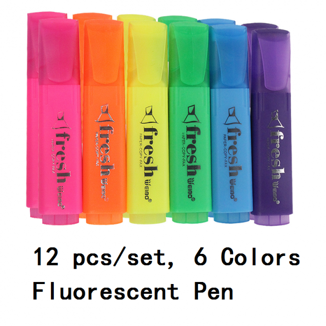 12pcs/set highlighter single tip 6 Color Marker fluorscent Pen Resaltador marcador note Pen Stationery Office school WB-101-B12