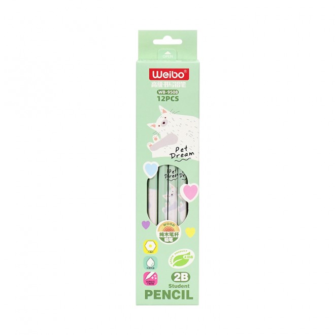 WEIBO High Quality Cartoon Pencil 2B Wooden 12pcs Set With Eraser clear writing Smooth For Exam Soft Writing For School Students