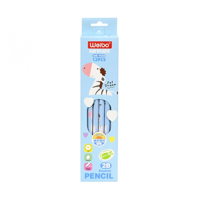 WEIBO High Quality Cartoon Pencil 2B Wooden 12pcs Set With Eraser clear writing Smooth For Exam Soft Writing For School Students