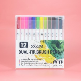 12 Color Dual Tip Brush Pens White Round Shell for Artists Adults Kids Drawing Coloring Art Crafts Animation Design