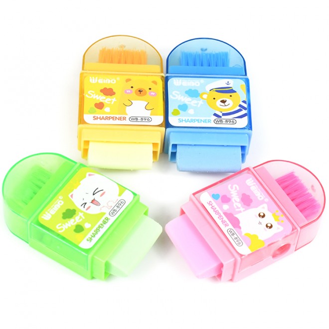 Wholesale Green Pink Yellow Cute Cartoon Small Multifunctional Pencil Sharpener With Eraser Clear Brush Fit Children Student