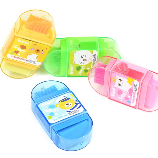 Wholesale Green Pink Yellow Cute Cartoon Small Multifunctional Pencil Sharpener With Eraser Clear Brush Fit Children Student