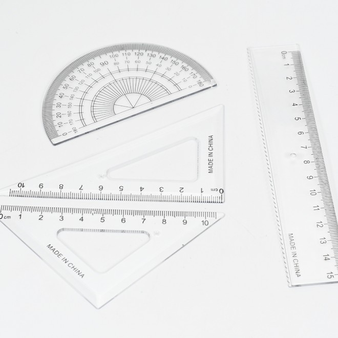 Hotsale 4 Pieces Math Geometry Tool Plastic Clear Ruler Sets Straight Ruler Triangle Ruler Protractor  for School Office