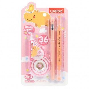 Popular Cute Stationery cartoon 6m 5mm Correction Tape Gel Pen Highlighter Set For Back To School Students Gift Promotion Set
